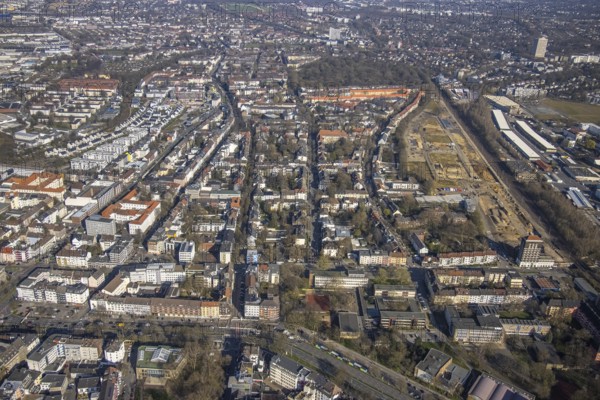 Aerial view, construction site Kronprinzenviertel, new residential area, residential area Düsseldorfer Straße, Kaiserbrunnen, Dortmund, Ruhr area, North Rhine-Westphalia, Germany, construction work, construction area, building site, building plots, construction project, construction site, DE, Europe, property tax, real estate, Kronprinzenstraße, aerial view, aerial photography, aerial photography, new building, overview, bird's-eye view, housing estate, housing and living, residential area, residential buildings, residential quality, residential neighbourhood, housing estate, birds-eyes view, overview, former Fruchhof Dortmund