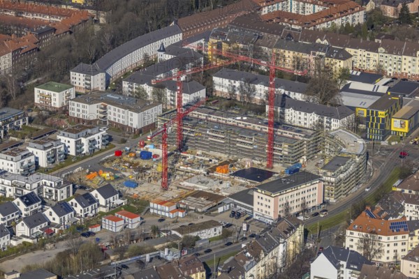 Aerial view, construction site for new Kaiserquartier, Klönnestraße, Kaiserbrunnen, Dortmund, Ruhr area, North Rhine-Westphalia, Germany, construction work, construction area, construction site, building plots, construction crane, construction project, construction site, DE, Europe, aerial view, aerial photography, aerial photography, new building, snow, overview, bird's-eye view, overview