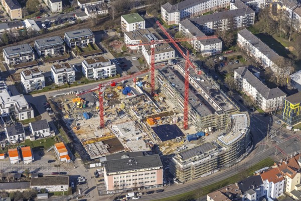 Aerial view, construction site for new Kaiserquartier, Klönnestraße, Kaiserbrunnen, Dortmund, Ruhr area, North Rhine-Westphalia, Germany, construction work, construction area, construction site, building plots, construction crane, construction project, construction site, DE, Europe, aerial view, aerial photography, aerial photography, new building, snow, overview, bird's-eye view, overview