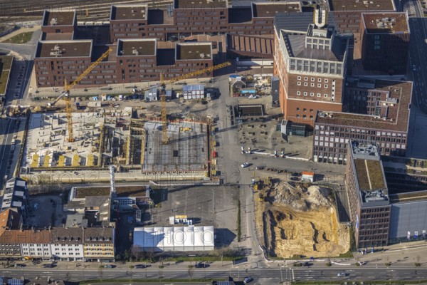 Aerial view, construction site residential complex at the Dortmunder U-Tower, Dortmunder U with the Ostwall Museum, leisure centre west, Dorstfelder Brücke, Dortmund, Ruhr area, North Rhine-Westphalia, Germany, construction work, construction, construction area, building site, building plots, construction crane, construction project, building site, DE, Europe, FZW, aerial view, aerial photography, aerial photography, new building, overview, bird's eye view, Centre for Art and Creativity, birds-eyes view, overview