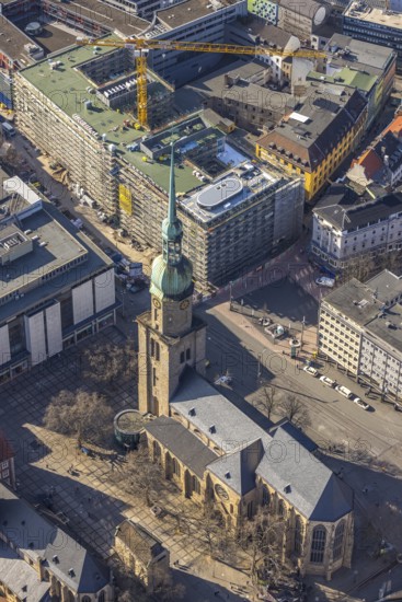 Aerial view, construction site Kampstraße for new student residence BaseCamp Dortmund, Reinoldikirche, City, Dortmund, Ruhr area, North Rhine-Westphalia, Germany, place of worship, construction work, construction area, building site, building plots, construction project, construction site, DE, Europe, denomination, house of worship, property tax, real estate, church, parish, denomination, aerial view, aerial photography, aerial photography, new building, Leeds Square, religion, overview, bird's-eye view, residential area, residential area, residential homes, residential buildings, residential quality, residential neighbourhood, birds-eyes view, overview