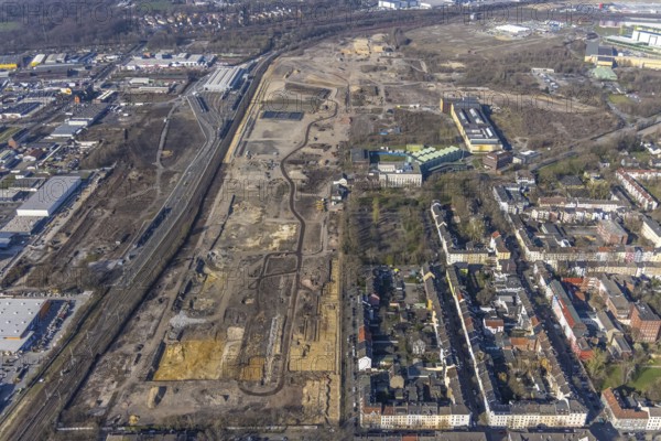 Aerial view, construction site Westfalenhütte, Nordmarkt, Dortmund, Ruhr area, North Rhine-Westphalia, Germany, construction area, construction site, building site, construction project, DE, Europe, commercial enterprises, commercial area, commercial area, commercial site, commercial use, industrial area, industrial site, aerial view, aerial photography, aerial photography, overview, bird's-eye view, bird's-eye view, overview, thyssenkrupp Steel Europe