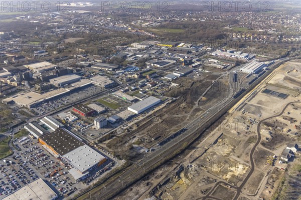 Aerial view, construction site Westfalenhütte, Eisenstraße, Nordmarkt, Dortmund, Ruhr area, North Rhine-Westphalia, Germany, construction area, construction site, building plots, construction project, DE, Europe, commercial enterprises, commercial area, commercial site, commercial use, industrial area, industrial site, aerial view, aerial photography, aerial photography, Siemens Rail Service Centre, overview, bird's-eye view, overview