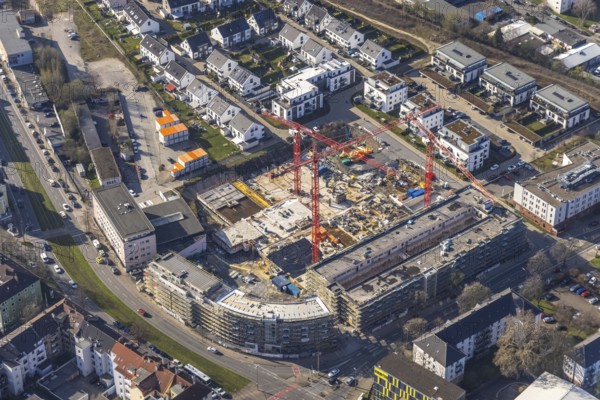 Aerial view, construction site for new Kaiserquartier, Klönnestraße, Kaiserbrunnen, Dortmund, Ruhr area, North Rhine-Westphalia, Germany, construction work, construction area, construction site, building plots, construction crane, construction project, construction site, DE, Europe, aerial view, aerial photography, aerial photography, new building, snow, overview, bird's-eye view, overview
