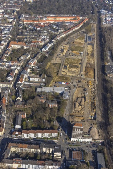Aerial view, construction site Kronprinzenviertel, new residential area, residential area Düsseldorfer Straße, Kaiserbrunnen, Dortmund, Ruhr area, North Rhine-Westphalia, Germany, construction work, construction area, building site, building plots, construction project, construction site, DE, Europe, property tax, real estate, Kronprinzenstraße, aerial view, aerial photography, aerial photography, new building, overview, bird's-eye view, housing estate, housing and living, residential area, residential buildings, residential quality, residential neighbourhood, housing estate, birds-eyes view, overview, former Fruchhof Dortmund