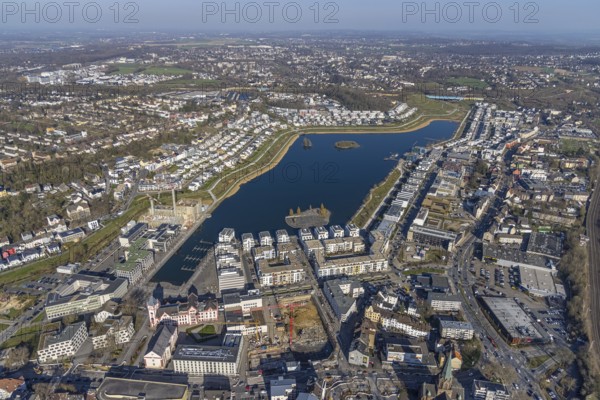 Aerial view, Phoenix-See, construction site for a new retirement home, high-rise building H12, construction site residential complex Phönixseestraße, Kreuzknoten e.V. Sailing club, Hörde, Dortmund, Ruhr area, North Rhine-Westphalia, Germany, construction work, construction area, construction site, building plots, construction crane, construction project, construction site, DE, Europe, Phoenix Lake cultural island, aerial view, aerial photography, aerial photography, new construction, Phoenix Lake, overview, bird's eye view, former Phoenix East steelworks area, artificial lake, overview