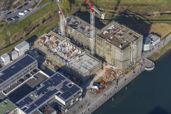 Aerial view, Phoenix-See, construction site for a new retirement home, high-rise building H12, Hörde, Dortmund, Ruhr area, North Rhine-Westphalia, Germany, construction work, construction area, construction site, building plots, construction crane, construction measure, construction project, construction site, DE, Europe, aerial view, aerial photography, aerial photography, new construction, Phoenix Lake, overview, bird's-eye view, former steelworks area Phoenix-East, artificial lake, overview
