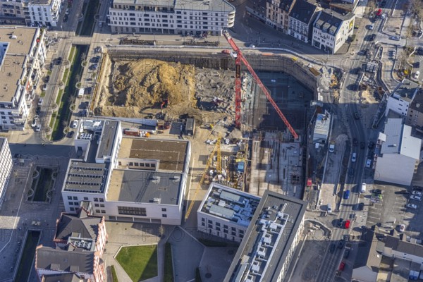 Aerial view, construction site for new residential and commercial building at Phoenix-See, Faßstraße, Rudolf-Platte-Weg corner Hörder-Bach-Allee, Hörde, Dortmund, Ruhr area, North Rhine-Westphalia, Germany, construction work, construction, construction area, building site, building plots, construction crane, construction project, construction site, DE, Europe, aerial view, aerial photography, aerial photography, new building, overview, bird's eye view, birds-eyes view, overview