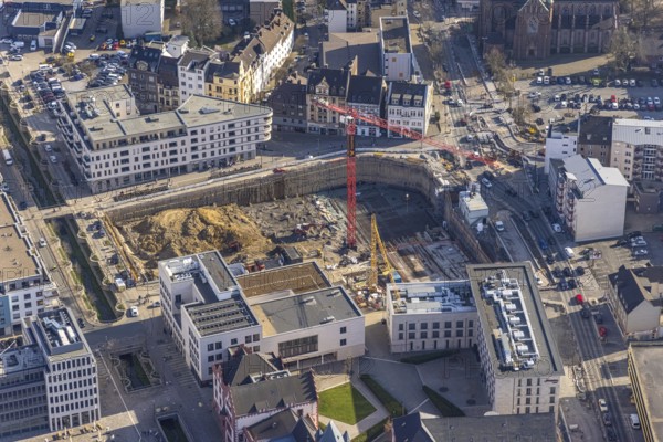 Aerial view, construction site for new building complex, residential and commercial building at Phoenix-See, Faßstraße, Rudolf-Platte-Weg corner Hörder-Bach-Allee, Hörde, Dortmund, Ruhr area, North Rhine-Westphalia, Germany, construction work, construction, construction area, construction site, building plots, construction crane, construction measure, construction project, construction site, DE, Europe, aerial view, aerial photography, aerial photography, new building, overview, bird's eye view, birds-eyes view, overview
