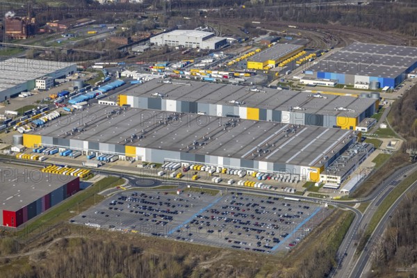 Aerial view, Logistics Park Westfalenhütte, Amazon, DHL, Decathlon, Kaiserbrunnen, Dortmund, Ruhr area, North Rhine-Westphalia, Germany, Amazon logistics centre, DE, Decathlon logistics centre, Deutsche Post DHL Group, Former Hoesch Westfalenhütte steelworks, Europe, Commercial enterprises, Commercial area, Commercial park, commercial location, commercial use, freight traffic, industrial area, industrial location, logistics, logistics service, logistics service provider, logistics park, logistics provider, logistics centre, aerial view, aerial photography, aerial photography, transport, transport service, overview, bird's-eye view, rolling mill road, birds-eyes view, overview