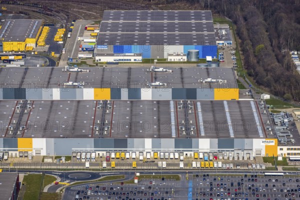 Aerial view, Logistics Park Westfalenhütte, Amazon, DHL, Decathlon, Kaiserbrunnen, Dortmund, Ruhr area, North Rhine-Westphalia, Germany, Amazon logistics centre, DE, Decathlon logistics centre, Deutsche Post DHL Group, Former Hoesch Westfalenhütte steelworks, Europe, Commercial enterprises, Commercial area, Commercial park, commercial location, commercial use, freight traffic, industrial area, industrial location, logistics, logistics service, logistics service provider, logistics park, logistics provider, logistics centre, aerial view, aerial photography, aerial photography, transport, transport service, overview, bird's-eye view, rolling mill road, birds-eyes view, overview