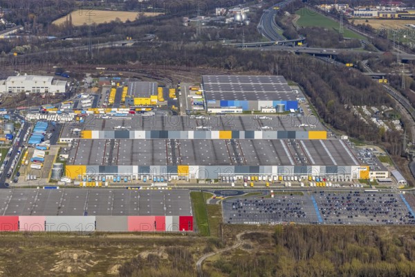 Aerial view, Logistics Park Westfalenhütte, Amazon, DHL, Decathlon, Kaiserbrunnen, Dortmund, Ruhr area, North Rhine-Westphalia, Germany, Amazon logistics centre, DE, Decathlon logistics centre, Deutsche Post DHL Group, Former Hoesch Westfalenhütte steelworks, Europe, Commercial enterprises, Commercial area, Commercial park, commercial location, commercial use, freight traffic, industrial area, industrial location, logistics, logistics service, logistics service provider, logistics park, logistics provider, logistics centre, aerial view, aerial photography, aerial photography, transport, transport service, overview, bird's-eye view, rolling mill road, birds-eyes view, overview