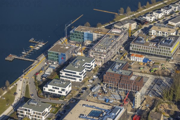Aerial view, Phoenix-See, construction site residential complex Phönixseestraße, Kreuzknoten e.V. Sailing club, Hörde, Dortmund, Ruhr area, North Rhine-Westphalia, Germany, construction work, construction area, building site, building plots, construction crane, construction project, building site, boat mooring, DE, Europe, property tax, real estate, aerial photography, aerial photography, aerial photography, new construction, Phönixsee, Phönixseestraße, sailing boats, sports sailing jetty, overview, bird's-eye view, residential complex, living and living, residential area, residential buildings, residential quality, residential neighbourhood, birds-eyes view, former steelworks area Phoenix-Ost, artificial lake, overview