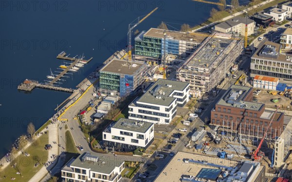 Aerial view, Phoenix-See, construction site residential complex Phönixseestraße, Kreuzknoten e.V. Sailing club, Hörde, Dortmund, Ruhr area, North Rhine-Westphalia, Germany, construction work, construction area, building site, building plots, construction crane, construction project, building site, boat mooring, DE, Europe, property tax, real estate, aerial photography, aerial photography, aerial photography, new construction, Phönixsee, Phönixseestraße, sailing boats, sports sailing jetty, overview, bird's-eye view, residential complex, living and living, residential area, residential buildings, residential quality, residential neighbourhood, birds-eyes view, former steelworks area Phoenix-Ost, artificial lake, overview
