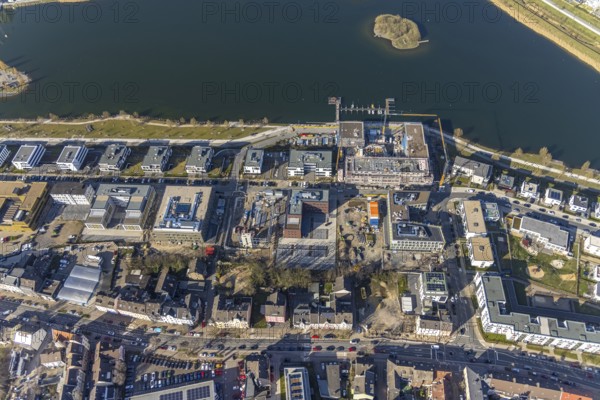 Aerial view, Phoenix-See, construction site residential complex Phönixseestraße, Kreuzknoten e.V. Sailing club, Hörde, Dortmund, Ruhr area, North Rhine-Westphalia, Germany, construction work, construction area, building site, building plots, construction crane, construction project, building site, boat mooring, DE, Europe, property tax, real estate, aerial photography, aerial photography, aerial photography, new construction, Phönixsee, Phönixseestraße, sailing boats, sports sailing jetty, overview, bird's-eye view, residential complex, living and living, residential area, residential buildings, residential quality, residential neighbourhood, birds-eyes view, former steelworks area Phoenix-Ost, artificial lake, overview