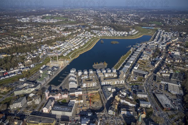 Aerial view, sunbathing at Lake Phoenix, spring weather on Dortmund's sunbathing lawns, Dortmund, Ruhr area, North Rhine-Westphalia, Germany, Marl, DE, Europe, birds-eyes view, aerial view, aerial photography, aerial photography, overview, overview, bird's eye view, spring, summer weather in March, Dortmund sunbathing lawns, sunbathing with Corona distance