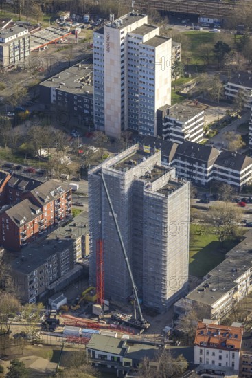Aerial photo, demolition construction site high-rise building Kielstraße, project urban redevelopment west, rear high-rise building of the housing company DOGEWO21 in Heiligegartenstraße, Nordmarkt, Dortmund, Ruhr area, North Rhine-Westphalia, Germany, demolition horror house, construction work, construction area, construction site, building plots, building crane, construction project, building site, DE, Europe, property tax, high-rise building, real estate, aerial view, aerial photography, aerial photography, overview, bird's-eye view, residential complex, living and living, residential area, residential buildings, birds-eyes view, overview