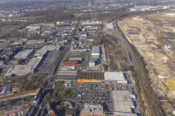 Aerial view, construction site Westfalenhütte, Eisenstraße, Nordmarkt, Dortmund, Ruhr area, North Rhine-Westphalia, Germany, construction area, construction site, building plots, construction project, DE, Europe, commercial enterprises, commercial area, commercial site, commercial use, industrial area, industrial site, aerial view, aerial photography, aerial photography, Siemens Rail Service Centre, overview, bird's-eye view, overview