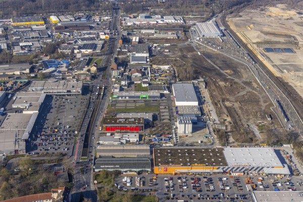 Aerial view, construction site Westfalenhütte, Eisenstraße, Nordmarkt, Dortmund, Ruhr area, North Rhine-Westphalia, Germany, construction area, construction site, building plots, construction project, DE, Europe, commercial enterprises, commercial area, commercial site, commercial use, industrial area, industrial site, aerial view, aerial photography, aerial photography, Siemens Rail Service Centre, overview, bird's-eye view, overview