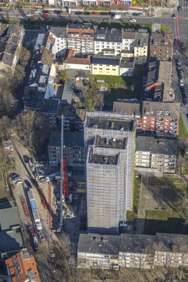 Aerial view, demolition construction site high-rise building Kielstraße, project urban redevelopment west, Nordmarkt, Dortmund, Ruhr area, North Rhine-Westphalia, Germany, demolition horror house, construction work, construction area, construction site, building plots, construction crane, construction measure, construction project, construction site, DE, Europe, high-rise building, aerial view, aerial photography, aerial photography, overview, bird's eye view, birds-eyes view, overview