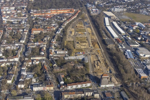 Aerial view, construction site Kronprinzenviertel, new residential area, residential area Düsseldorfer Straße, Kaiserbrunnen, Dortmund, Ruhr area, North Rhine-Westphalia, Germany, construction work, construction area, building site, building plots, construction project, construction site, DE, Europe, property tax, real estate, Kronprinzenstraße, aerial view, aerial photography, aerial photography, new building, overview, bird's-eye view, housing estate, housing and living, residential area, residential buildings, residential quality, residential neighbourhood, housing estate, birds-eyes view, overview, former Fruchhof Dortmund