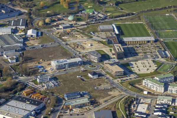 Aerial view, training ground Borussia Dortmund BVB, former barracks area of Napier Barracks Dortmund, Brackel, Dortmund, Ruhr area, North Rhine-Westphalia, Germany, construction work, construction area, construction site, building site, construction project, construction site, DE, Europe, football pitch, football club, aerial view, aerial photography, aerial photography, sports, sports facilities, sports field, sports facility, overview, bird's-eye view, overview