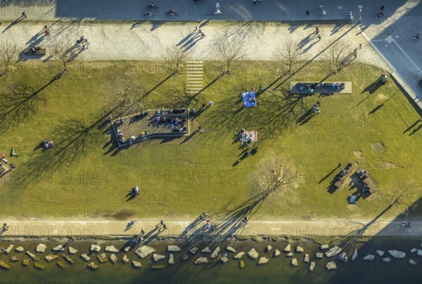 Aerial view, sunbathing at Lake Phoenix, spring weather on Dortmund's sunbathing lawns, Dortmund, Ruhr area, North Rhine-Westphalia, Germany, Marl, DE, Europe, birds-eyes view, aerial view, aerial photography, aerial photography, overview, overview, bird's eye view, spring, summer weather in March, Dortmund sunbathing lawns, sunbathing with Corona distance
