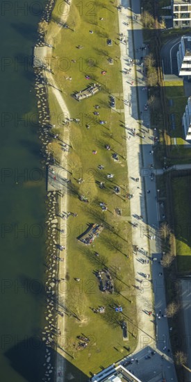 Aerial view, sunbathing at Lake Phoenix, spring weather on Dortmund's sunbathing lawns, Dortmund, Ruhr area, North Rhine-Westphalia, Germany, Marl, DE, Europe, birds-eyes view, aerial view, aerial photography, aerial photography, overview, overview, bird's eye view, spring, summer weather in March, Dortmund sunbathing lawns, sunbathing with Corona distance