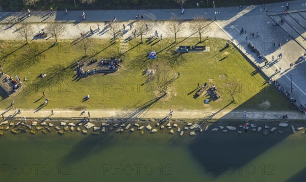 Aerial view, sunbathing at Lake Phoenix, spring weather on Dortmund's sunbathing lawns, Dortmund, Ruhr area, North Rhine-Westphalia, Germany, Marl, DE, Europe, birds-eyes view, aerial view, aerial photography, aerial photography, overview, overview, bird's eye view, spring, summer weather in March, Dortmund sunbathing lawns, sunbathing with Corona distance