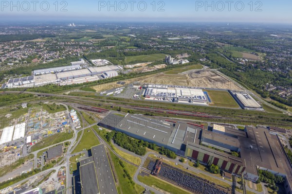Aerial view, new REWE logistics centre and construction site of the former Westfalenhütte, Borsigplatz, Dortmund, Ruhr area, North Rhine-Westphalia, Germany, construction area, construction site, building plots, construction project, construction site, DE, Europe, commercial enterprises, commercial area, commercial park, commercial location, commercial use, industrial area, industrial building, industrial location, aerial view, aerial photography, aerial photography, overview, bird's-eye view, Westfalenhütte, birds-eyes view, overview