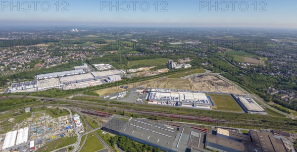 Aerial view, new REWE logistics centre and construction site of the former Westfalenhütte, Borsigplatz, Dortmund, Ruhr area, North Rhine-Westphalia, Germany, construction area, construction site, building plots, construction project, construction site, DE, Europe, commercial enterprises, commercial area, commercial park, commercial location, commercial use, industrial area, industrial building, industrial location, aerial view, aerial photography, aerial photography, overview, bird's-eye view, Westfalenhütte, birds-eyes view, overview