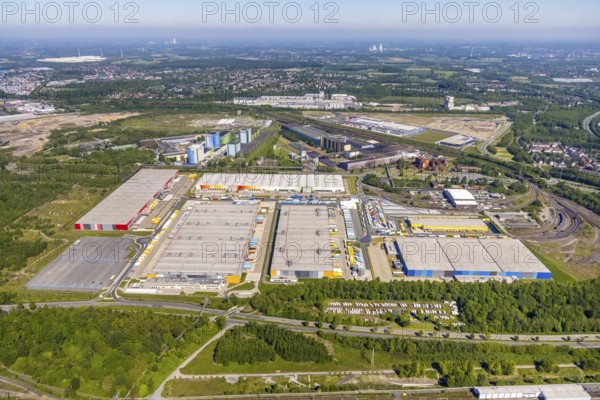 Aerial view, logistics park Westfalenhütte, Amazon logistics, DB Schenker, DHL, Deacthlon, Wambel, Dortmund, Ruhr area, North Rhine-Westphalia, Germany, DE, Europe, commercial enterprises, commercial area, commercial park, commercial location, commercial use, freight transport, industrial area, industrial location, logistics, logistics service, logistics service provider, logistics provider, logistics centre, aerial view, aerial photography, aerial photography, transport, transport service, overview, bird's-eye view, birds-eyes view, overview