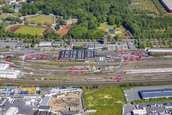 Aerial view, railway station, ICE plant Dortmund, Kaiserbrunnen, Dortmund, Ruhr area, North Rhine-Westphalia, Germany, railway tracks, railway station, DE, Deutsche Bahn AG, Europe, railway tracks, locomotive, aerial view, aerial photography, aerial photography, overview, bird's-eye view, trains, birds-eyes view, overview