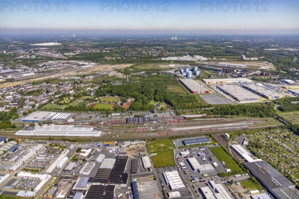 Aerial view, railway station, ICE plant Dortmund, Kaiserbrunnen, Dortmund, Ruhr area, North Rhine-Westphalia, Germany, railway tracks, railway station, DE, Deutsche Bahn AG, Europe, railway tracks, locomotive, aerial view, aerial photography, aerial photography, overview, bird's-eye view, trains, birds-eyes view, overview