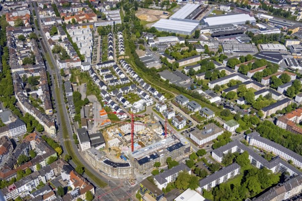 Aerial view, new development area at Ostbahnhof and new development area Kaiserquartier, City, Dortmund, Ruhr area, North Rhine-Westphalia, Germany, construction work, construction, construction area, construction site, building plots, construction project, construction site, DE, Europe, property tax, real estate, aerial view, aerial photography, aerial photography, new construction, overview, bird's eye view, residential complex, living and living, residential area, residential buildings, quality of living, birds-eyes view, overview