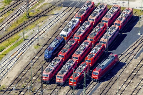Aerial view, depot, DB class 101, DB class 111, ICE factory Dortmund, Kaiserbrunnen, Dortmund, Ruhr area, North Rhine-Westphalia, Germany, railway tracks, station, DE, Deutsche Bahn AG, electric locomotive, Europe, shapes and colours, track systems, locomotive, aerial view, aerial photography, aerial photography, overview, bird's-eye view, trains, birds-eyes view, overview