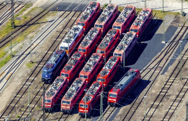 Aerial view, depot, DB class 101, DB class 111, ICE factory Dortmund, Kaiserbrunnen, Dortmund, Ruhr area, North Rhine-Westphalia, Germany, railway tracks, station, DE, Deutsche Bahn AG, electric locomotive, Europe, shapes and colours, track systems, locomotive, aerial view, aerial photography, aerial photography, overview, bird's-eye view, trains, birds-eyes view, overview