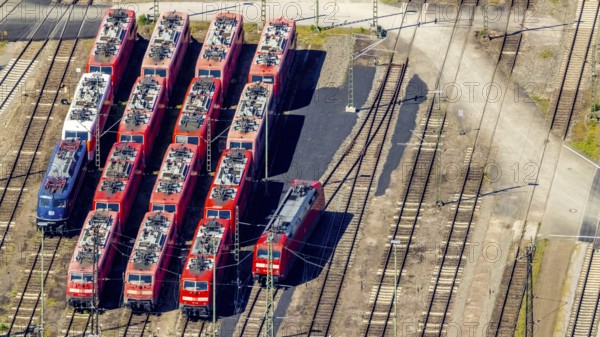 Aerial view, depot, DB class 101, DB class 111, ICE factory Dortmund, Kaiserbrunnen, Dortmund, Ruhr area, North Rhine-Westphalia, Germany, railway tracks, station, DE, Deutsche Bahn AG, electric locomotive, Europe, shapes and colours, track systems, locomotive, aerial view, aerial photography, aerial photography, overview, bird's-eye view, trains, birds-eyes view, overview