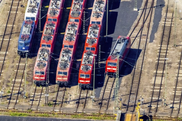 Aerial view, depot, DB class 101, DB class 111, ICE factory Dortmund, Kaiserbrunnen, Dortmund, Ruhr area, North Rhine-Westphalia, Germany, railway tracks, station, DE, Deutsche Bahn AG, electric locomotive, Europe, shapes and colours, track systems, locomotive, aerial view, aerial photography, aerial photography, overview, bird's-eye view, trains, birds-eyes view, overview