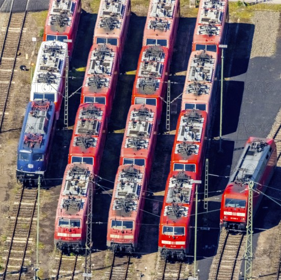 Aerial view, depot, DB class 101, DB class 111, ICE factory Dortmund, Kaiserbrunnen, Dortmund, Ruhr area, North Rhine-Westphalia, Germany, railway tracks, station, DE, Deutsche Bahn AG, electric locomotive, Europe, shapes and colours, track systems, locomotive, aerial view, aerial photography, aerial photography, overview, bird's-eye view, trains, birds-eyes view, overview