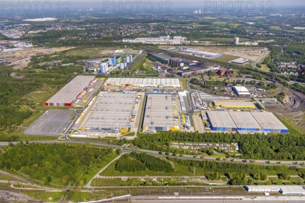 Aerial view, logistics park Westfalenhütte, Amazon logistics, DB Schenker, DHL, Deacthlon, Wambel, Dortmund, Ruhr area, North Rhine-Westphalia, Germany, DE, Europe, commercial enterprises, commercial area, commercial park, commercial location, commercial use, freight transport, industrial area, industrial location, logistics, logistics service, logistics service provider, logistics provider, logistics centre, aerial view, aerial photography, aerial photography, transport, transport service, overview, bird's-eye view, birds-eyes view, overview
