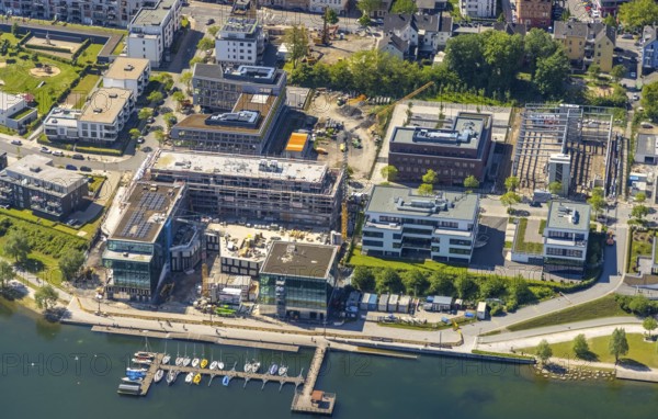 Aerial view, Phoenix Lake, boat landing stage, Hörde, Dortmund, Ruhr area, North Rhine-Westphalia, Germany, boats, DE, Europe, property tax, real estate, aerial photography, aerial photography, Phoenix Lake, sailing boats, overview, bird's-eye view, residential complex, living and living, residential area, residential buildings, residential quality, residential neighbourhood, housing estate, bird's-eye view, overview, Emscher, Emscher River