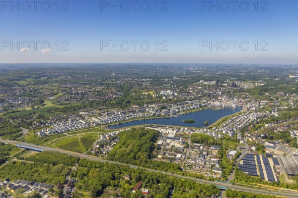 Aerial view, Phoenix Lake, Schüren, Dortmund, Ruhr area, North Rhine-Westphalia, Germany, DE, Europe, property tax, real estate, aerial photography, aerial photography, aerial photography, Phoenix Lake, overview, bird's eye view, residential complex, living and living, residential area, residential buildings, residential quality, residential neighbourhood, housing estate, birds-eyes view, overview, Emscher, River Emscher