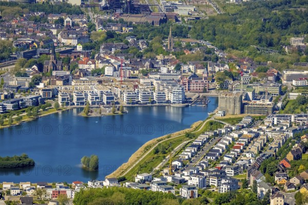 Aerial view, promenade at Phoenix Lake, cultural island, Schüren, Dortmund, Ruhr area, North Rhine-Westphalia, Germany, DE, Europe, property tax, harbour, high-rise building H12, real estate, aerial photography, aerial photography, aerial photography, Phoenix Lake, Thomasbirne, overview, bird's-eye view, residential area, living and living, residential area, residential buildings, residential quality, residential quarter, housing estate, birds-eyes view, overview