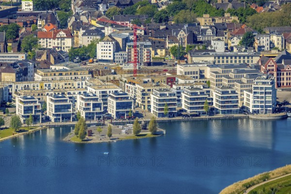 Aerial view, Promenade at Lake Phoenix, Kulturinsel, Schüren, Dortmund, Ruhr area, North Rhine-Westphalia, Germany, DE, Europe, property tax, real estate, aerial photography, aerial photography, Phönixsee, Thomasbirne, overview, bird's-eye view, residential area, living and living, residential area, residential buildings, residential quality, residential neighbourhood, housing estate, birds-eyes view, overview