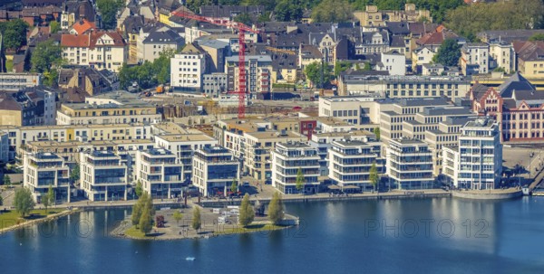 Aerial view, Promenade at Lake Phoenix, Kulturinsel, Aplerbeck, Dortmund, Ruhr area, North Rhine-Westphalia, Germany, DE, Europe, property tax, real estate, aerial photography, aerial photography, Phönixsee, Thomasbirne, overview, bird's-eye view, residential area, living and living, residential area, residential buildings, residential quality, residential neighbourhood, housing estate, birds-eyes view, overview