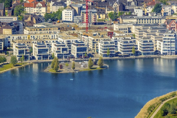 Aerial view, Promenade at Lake Phoenix, Kulturinsel, Aplerbeck, Dortmund, Ruhr area, North Rhine-Westphalia, Germany, DE, Europe, property tax, real estate, aerial photography, aerial photography, Phönixsee, Thomasbirne, overview, bird's-eye view, residential area, living and living, residential area, residential buildings, residential quality, residential neighbourhood, housing estate, birds-eyes view, overview