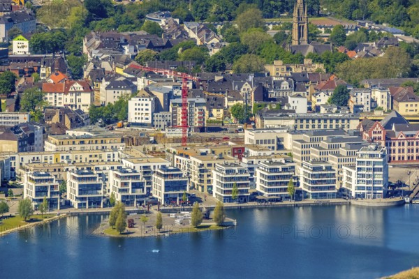 Aerial view, Promenade at Lake Phoenix, Kulturinsel, Aplerbeck, Dortmund, Ruhr area, North Rhine-Westphalia, Germany, DE, Europe, property tax, real estate, aerial photography, aerial photography, Phönixsee, Thomasbirne, overview, bird's-eye view, residential area, living and living, residential area, residential buildings, residential quality, residential neighbourhood, housing estate, birds-eyes view, overview
