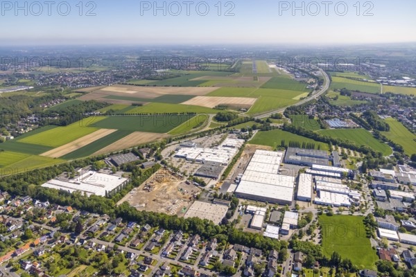 Aerial view, Schleefstraße industrial estate with construction site and new Bauhaus DIY store, Aplerbeck, Dortmund, Ruhr area, North Rhine-Westphalia, Germany, DE, Decathlon, Europe, commercial enterprises, commercial area, industrial estate, business park, commercial location, commercial use, industrial area, industrial location, aerial view, aerial photography, aerial photography, Medimax, overview, bird's eye view, birds-eyes view, overview