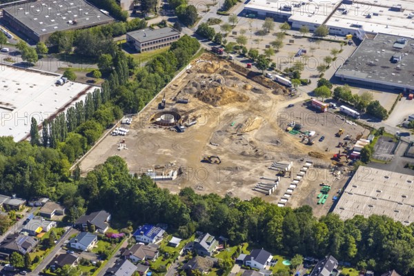 Aerial view, Schleefstraße industrial estate with construction site and new Bauhaus DIY store, Aplerbeck, Dortmund, Ruhr area, North Rhine-Westphalia, Germany, DE, Decathlon, Europe, commercial enterprises, commercial area, industrial estate, business park, commercial location, commercial use, industrial area, industrial location, aerial view, aerial photography, aerial photography, Medimax, overview, bird's eye view, birds-eyes view, overview